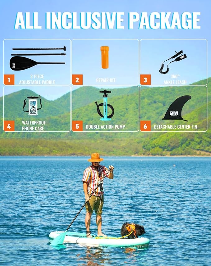 BM Paddle Board Inflatable Stand Up Paddle Board, SUP Paddleboard for Adult, Premium Accessories | Non-Slip EVA Deck & Foam Handles, Camera Mount, Double Action Pump, 85L Travel Backpack