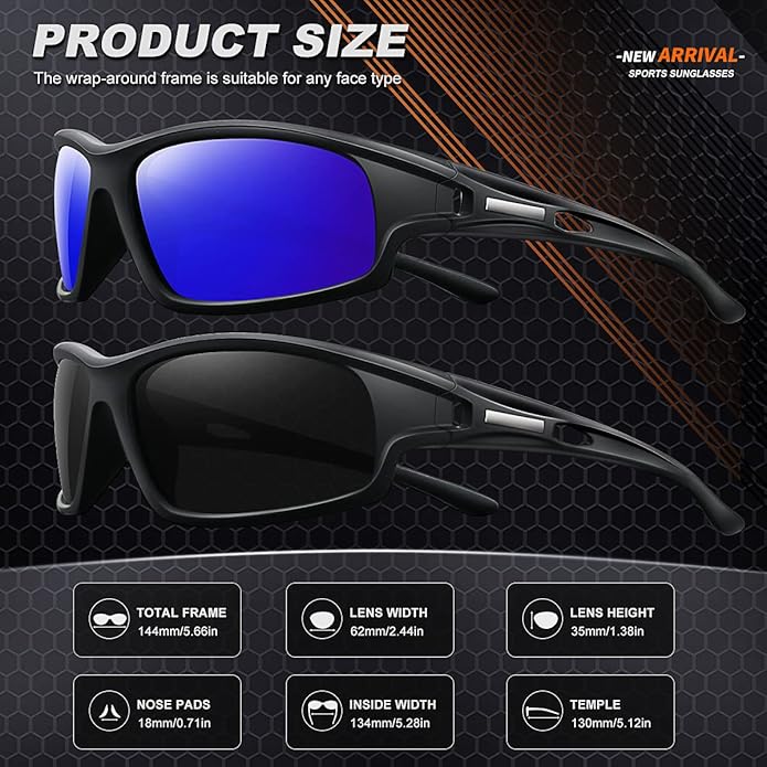 Polarized Sports Sunglasses for Men 100% UV Protection Wrap Around Unbreakable Sun Glasses for Fishing Driving