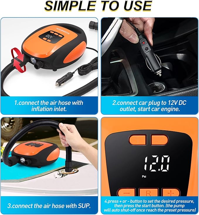 Paddle Board Pump Electric Portable, SUP Pump for Paddleboard, 20PSI Air Compressor with Auto-Off, Deflation Function and 12V DC Car Connector for Inflatables, Kayaks and Boats