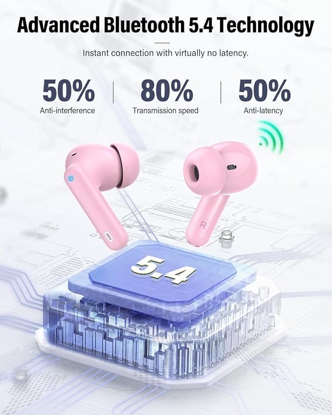 Wireless Earbuds, Bluetooth 5.4 Headphones Bass Stereo, Ear Buds with Noise Cancelling Mic, IP7 Waterproof in Ear Earphones, 36H LED Display Bluetooth Earbuds for Laptop Pad Phones Sports, Pink