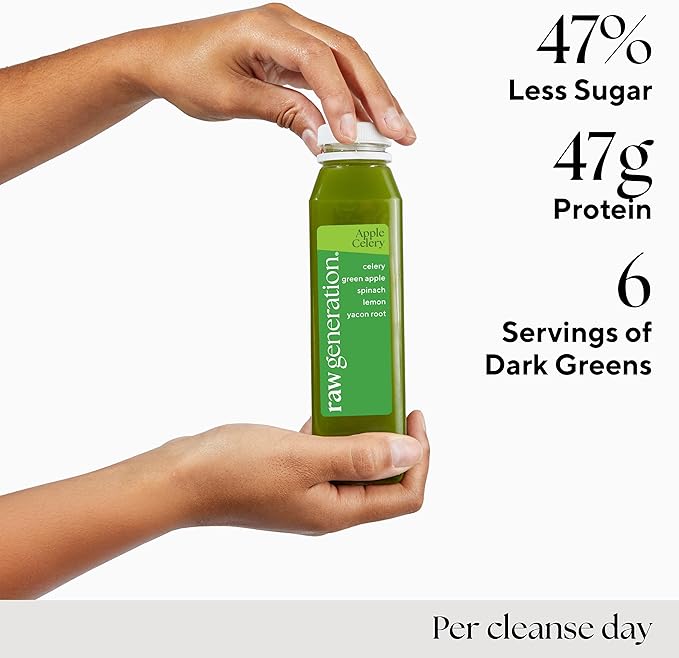 Raw Generation 3-Day Lower Sugar Cleanse - Boost Digestion & Eliminate Bloating/Gut, Colon, Liver/Less Sugar & 35gProtein Daily/Non-GMO, 100% Plant-Based Juices