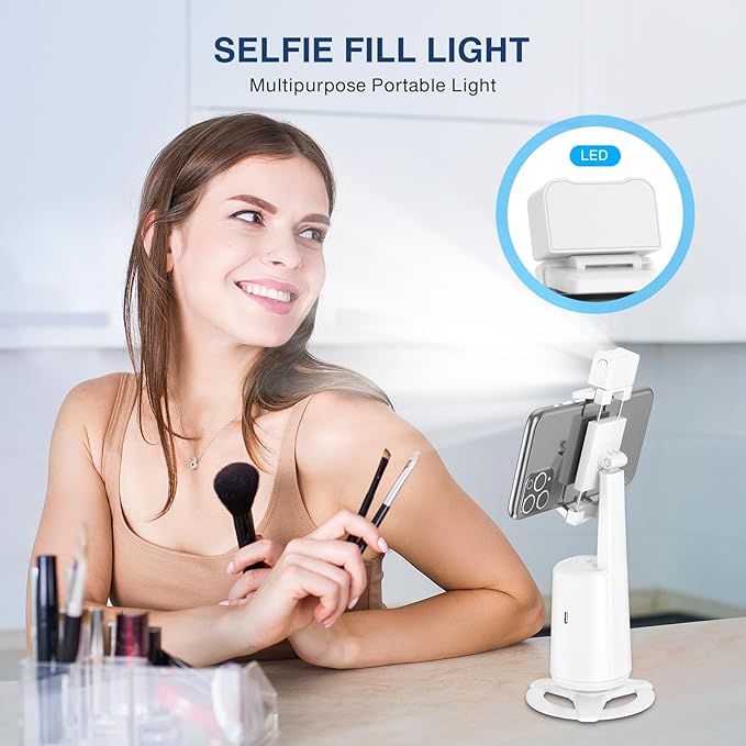 Auto Face Tracking Tripod 360° Rotating Cell Phone Photo and Video Kits Stand, No App, Camera Stand with Remote and Gesture Control, Rechargeable Smart Shooting Stand for Live Recording Tiktok (White)