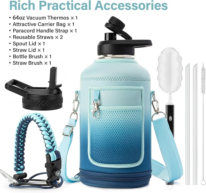 Insulated Water Bottle | Thickened Stainless Steel Vacuum Metal | Portable Sports Half Gallon Large Water Jug for Gym and Hiking with Straw, Carrier Bag, Handle Strap | BPA-Free 64 oz