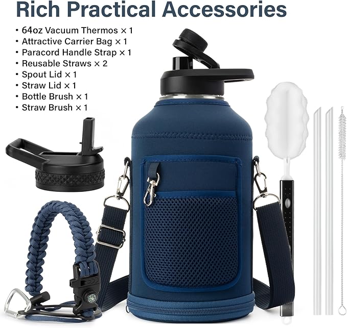 Insulated Water Bottle | Thickened Stainless Steel Vacuum Metal | Portable Sports Half Gallon Large Water Jug for Gym and Hiking with Straw, Carrier Bag, Handle Strap | BPA-Free 64 oz