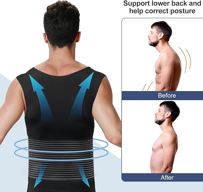Odoland Men Body Shaper Compression Shirt, Adjustable Velcro Waist Trimmer Belt Intensity, Slimming Shapewear Tummy Control