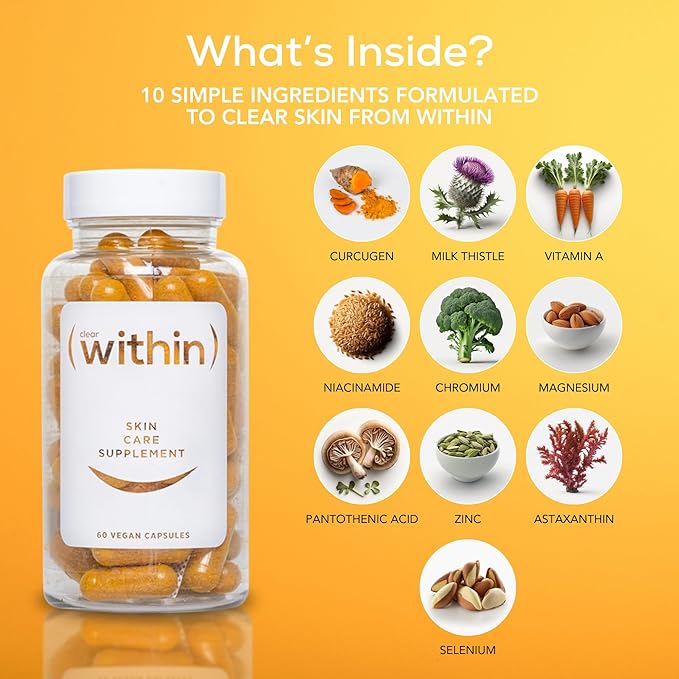 Clear Within Clear Skin Vitamin - with 10 Natural Ingredients for Acne-Free, Clearer Complexion, Oil Control & Blemish Minimization. Supports Skin Clarity | Non-Synthetic 60 Cap/Bottle