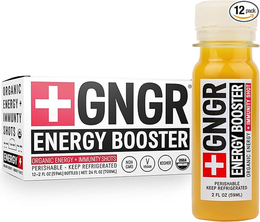 '+GNGR Energy Booster & Immunity Shot, Cold-Pressed Ginger Shots with Lions Mane, 75mg of Natural Caffeine Green Tea, Turmeric Root, Vitamin D & Zinc for All Natural Immune Support (2 Oz, Pack of 12)