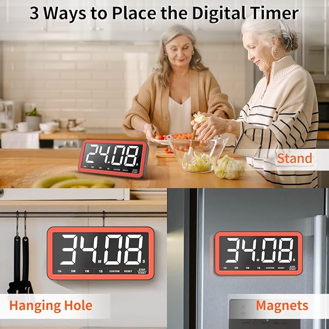 VOCOO Digital Kitchen Timer with 7.8” Extra Large Display, Magnetic LED, with 3 Brightness, 4 Alarms and 3 Volume Levels, Battery Powered Countdown Count Up Timer for Cooking, Classroom, Home Gym