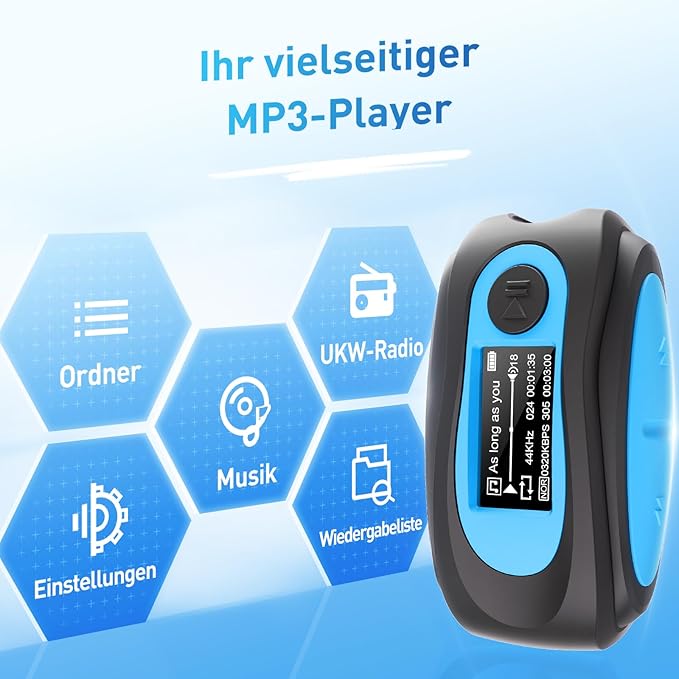 AGPTEK IPX8 Waterproof Mp3 Player with Screen, Multi-Functional Clip Music Player with Waterproof Headphones for Surfing Swimming Water Sports