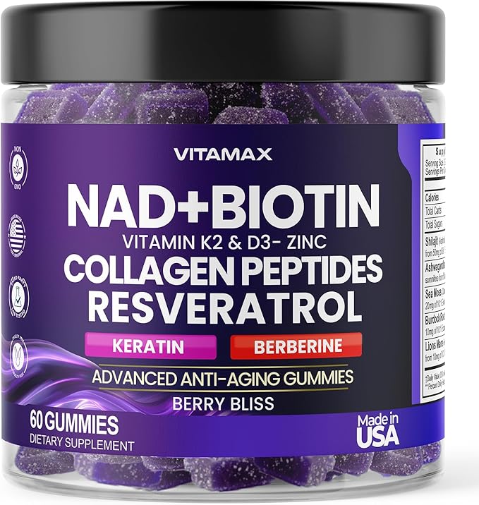 NAD+, Resveratrol, Berberine, & Biotin Anti-Aging Gummy - Hair, Skin, Nails & Joint Supplement - Collagen Peptides, Keratin, Zinc, Vitamin K2 & D3 Gummies -Regeneration- Non-GMO - Made in USA 60 Count