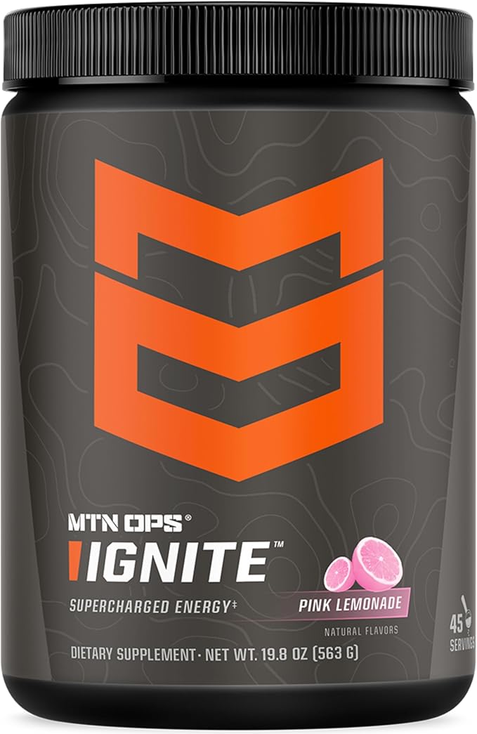 MTN OPS Ignite Energy Drink Powder, Gluten Free Nootropic Supplement Drink Mix, L Arginine, L Citrulline, Caffeine & Nootropic Sugar Free Drink Mix, 45 Servings, Pink Lemonade