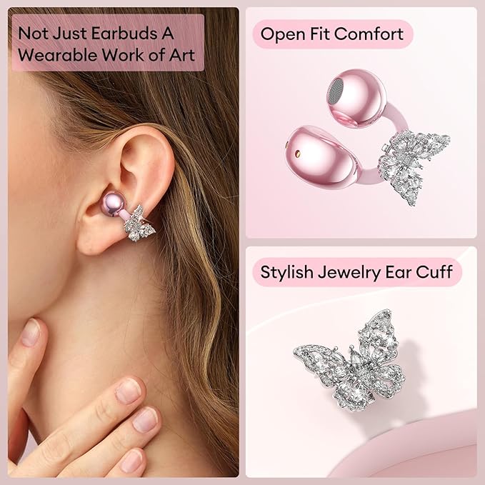 PAXA Stylish Open Ear Clip On Earbuds with Removable Butterfly Earring, Clip On Headphones with LCD Touch Screen, Fashionables Open Ear Headphones for Women, Butterfly Earring Rose Gold Earbuds