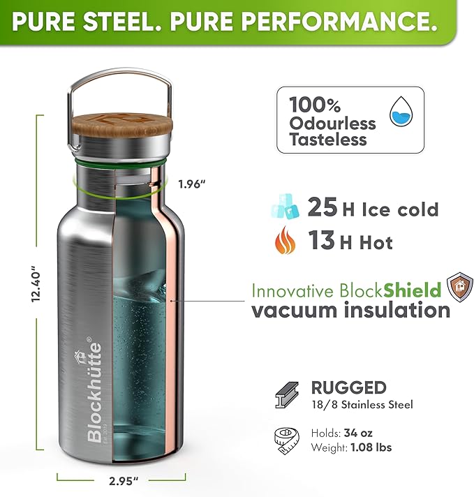 Blockhuette Vacuum Insulated Stainless Steel Water Bottle I 34 oz I Wide Mouth Insulated Metal Bottle for Cold Drinks I BPA-Free I Perfect for Travel, School, Kids, Adults, Water Canteen