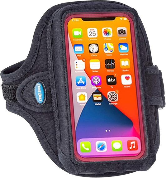 Tune Belt AB92 Cell Phone Armband for Running - Fits iPhone 16/15/14/13 Pro Max, Plus, Samsung Galaxy Ultra/Plus/Note and Large Phones with Protective Cases, Sweat-Resistant Exercise Holder (Black)