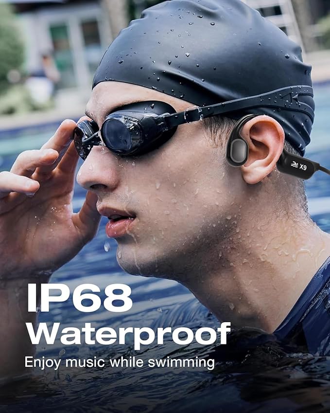 Swimming Headphones-Bone Conduction Headphones Bluetooth V6.0 Open Ear Sports Headset, IP68 Waterproof Built-in MP3 Player 32G Memory, for Running, Cycling (Black)