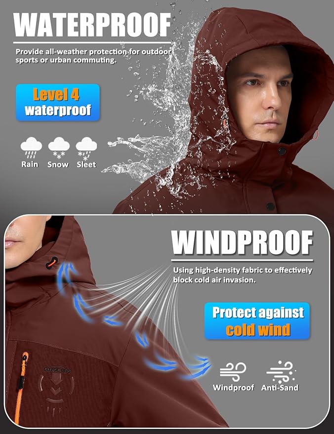 Men's Winter Jacket Waterproof Ski Snow Coat Windproof Snowboard Hooded Raincoats with Warm Graphene lining