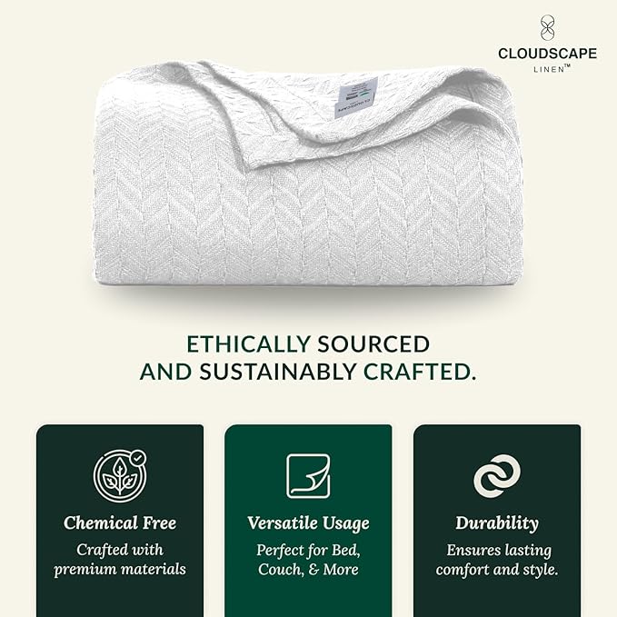 Cloud Scape Linen 100% Cotton Blanket King Size for Bed – Lightweight Summer Blanket, Herringbone Weave,fits California King Size Bed, 92x108,White