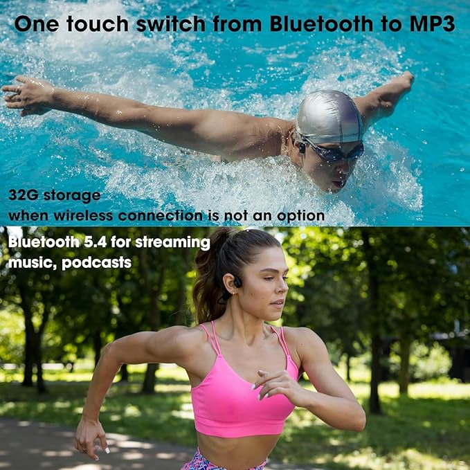 FlowMotion Versa Open-Ear Swimming Headphones Bluetooth Bone Conduction Headphones, 32GB MP3 Player, IP68 Waterproof, Secure Fit for Workouts, Running, Swimming, Cycling, Gym, Built-in Microphone