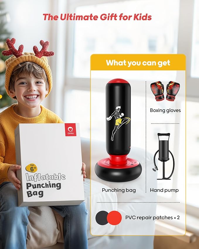 QPAU Kids Punching Bag Toy with Boxing Gloves, 66 Inch Larger Stable Kids Inflatable Boxing Bag Set, Gifts for Boys & Girls Age 6-12, for Practicing Karate, Taekwondo, MMA