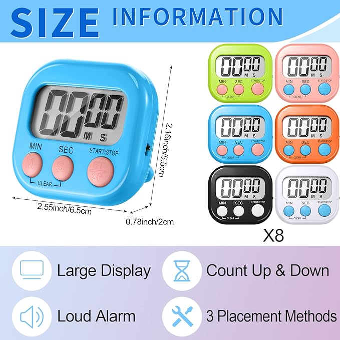 Macarrie 48 Pcs Digital Kitchen Timer Bulk Small Magnetic Backing Stand Timer Clock Loud Alarm LCD Display Electronic Minute Second Count up Countdown Alarm for Teacher Classroom Cooking Baking