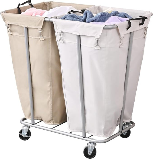 PLKOW Laundry Cart with Wheels 280L Large Laundry Sorter 2 Section for Commercial/Home, Rolling Laundry Cart with Steel Frame and Removable Bag, 8 Bushel, 32.3L x 19.7W x 31.5H Inch