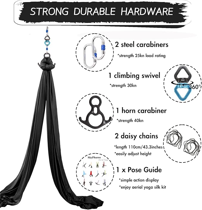 Aerial Silks Yoga Swing Set - 9/11 Yards Aerial Yoga Hammock Kit Anti-Gravity Flying for Fitness, Low/Non Stretch Nylon Tricot Fabric Hardware Included for Dance