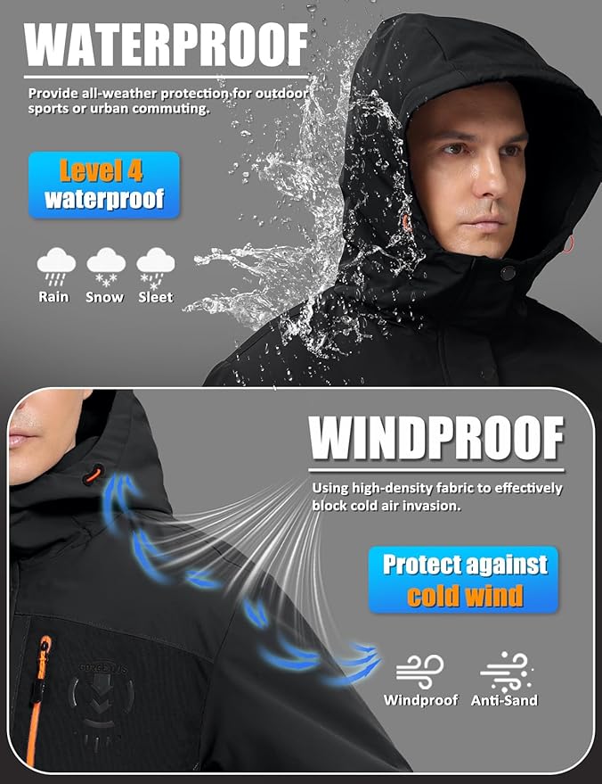 Men's Winter Jacket Waterproof Ski Snow Coat Windproof Snowboard Hooded Raincoats with Warm Graphene lining