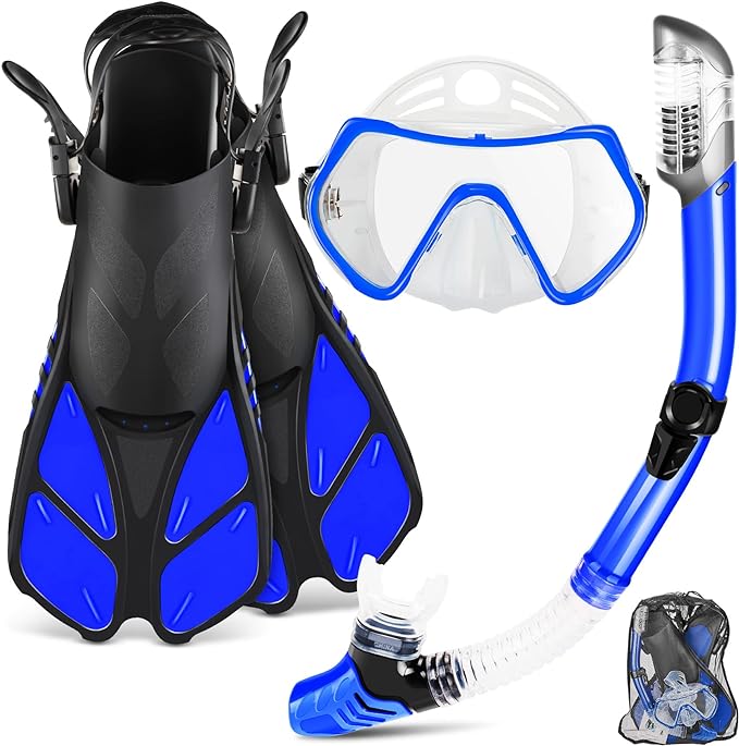 ZEEPORTE Mask Fin Snorkel Set, Travel Size Snorkeling Gear for Adults with Panoramic View Anti-Fog Mask, Trek Fins, Dry Top Snorkel and Gear Bag for Swimming Training, Snorkeling Kit Diving Packages
