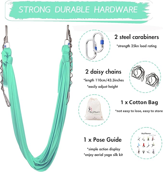 5.5 Yards Aerial Silks Yoga Swing Set - Aerial Yoga Hammock Kit Anti-Gravity Flying for Fitness, Low/Non Stretch Nylon Tricot Fabric Hardware Included for Dance