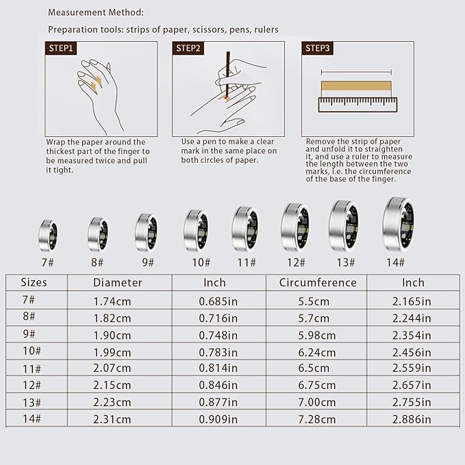 Smart Ring Health Tracker, Fitness Tracker Ring for Women Men, Monitoring of Pedometer, SpO2, Sleep Quality, Heart Rate, No Subscription Fee, Sport Rings for iOS & Android (Silver 7)