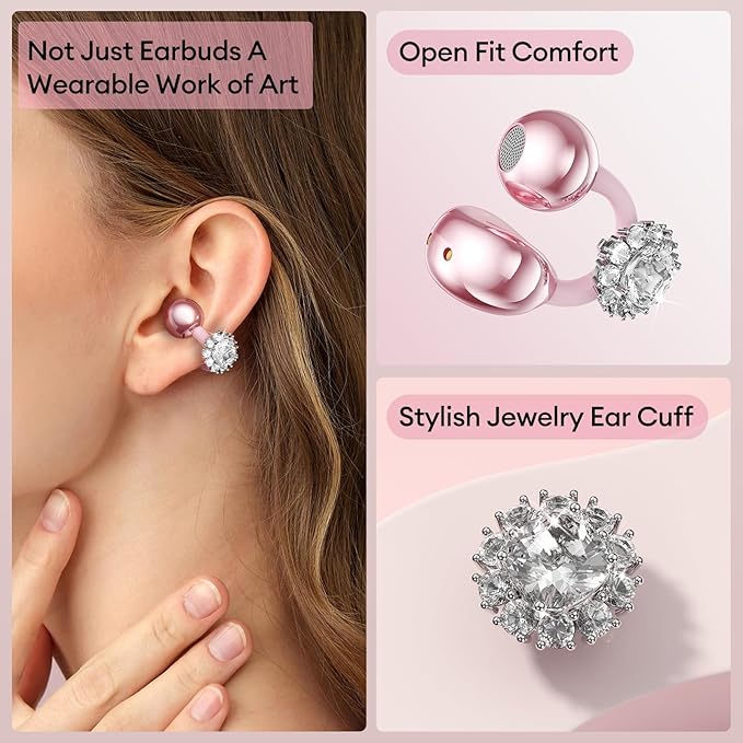PAXA Stylish Open Ear Clip On Earbuds with Removable Diamond Earring, Clip On Headphones with LCD Touch Screen, Fashionables Open Ear Headphones for Women, Diamond Earring Rose Gold Earbuds
