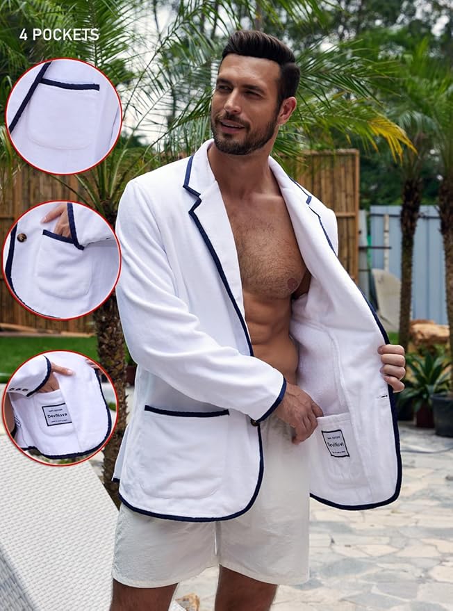 Luxurious Men's Bathrobe, Organic Cotton Terry Towelling Blazer, Leisure Cotton Bath Robe for Pool and beach
