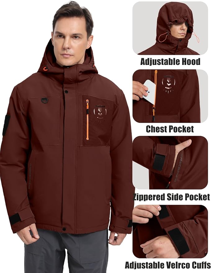 Men's Winter Jacket Waterproof Ski Snow Coat Windproof Snowboard Hooded Raincoats with Warm Graphene lining