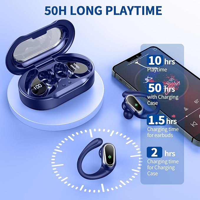 Wireless Earbuds, 2025 Bluetooth 5.4 Headphones Sport, Bluetooth Earbuds with ENC Noise Canceling Mic, 50H Stereo Wireless Headphones IP7 Waterproof with Earhooks, Dual LED Display for Workout/Running