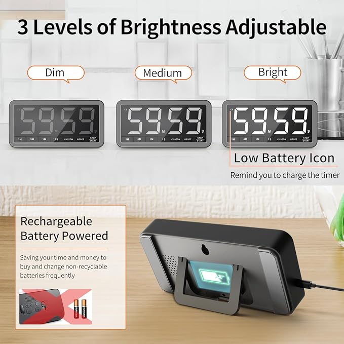 VOCOO Digital Kitchen Timer with 7.8” Extra Large Display, Magnetic LED with 3 Brightness, 4 Alarms and 3 Volume Levels, Battery Powered Countdown Count Up Timer for Cooking, Classroom, Home Gym