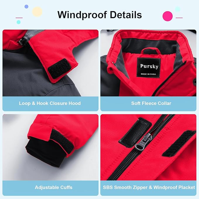 Pursky Boy's Waterproof Ski Jacket Kids Winter Snow Coats Fleece Raincoats Parka