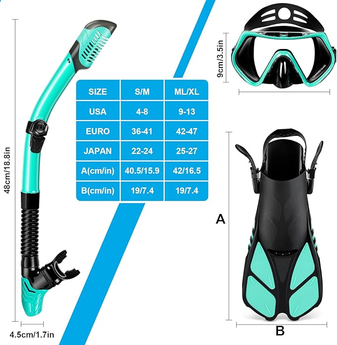 ZEEPORTE Mask Fin Snorkel Set, Travel Size Snorkeling Gear for Adults with Panoramic View Anti-Fog Mask, Trek Fins, Dry Top Snorkel and Gear Bag for Swimming Training, Snorkeling Kit Diving Packages