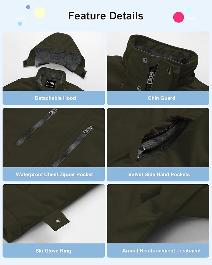 Pursky Boy's Waterproof Ski Jacket Kids Winter Snow Coats Fleece Raincoats Parka