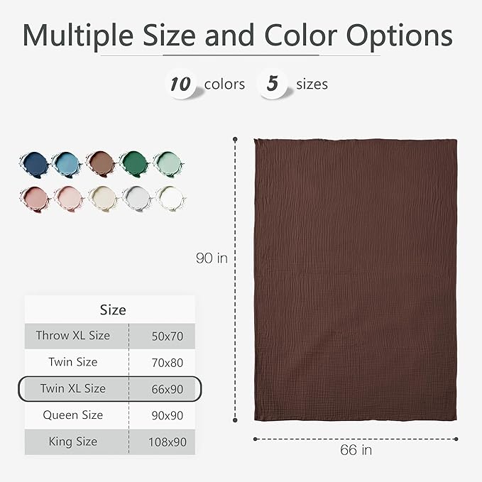 Carriediosa 100% Cotton Muslin Throw Blanket 66" X 90" Twin XL Size,4-Layers Summer Gauze Throws for Bed Couch,Soft Lightweight Breathable Linen Blankets Bedspread for Adults All Season,Dark Brown