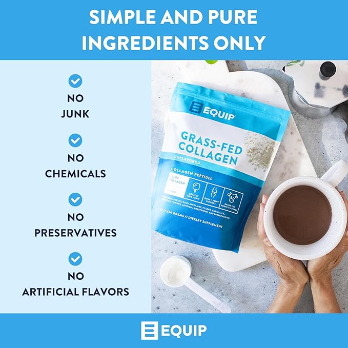 Equip Foods Grass Fed Collagen Powder | Hydrolyzed Bovine Collagen Peptides with Amino Acids | Prime Beef Collagen for Healthy Joints, Skin & Nails | Non-GMO, Paleo Friendly | 30 Servings, Unflavored