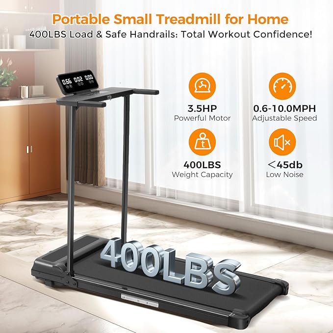 Folding Walking Pad Treadmill with Handle Bar, 3.5HP Compact Portable Foldable Walking Pads Treadmill with Handles, Electric Small Treadmills for Home Office Apartment, LED Display, 400 LBS Capacity