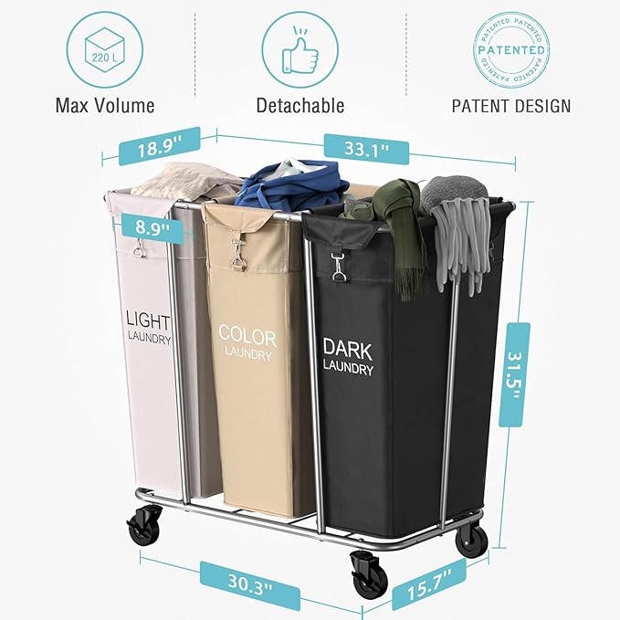PLKOW Laundry Sorter 3 Section, 220L Large Laundry Cart with Wheels 3 Hamper Laundry Sorter with Steel Frame and Removable Bag, Rolling Laundry Cart for Home, Laundry Room, Hotel, 6 Bushel