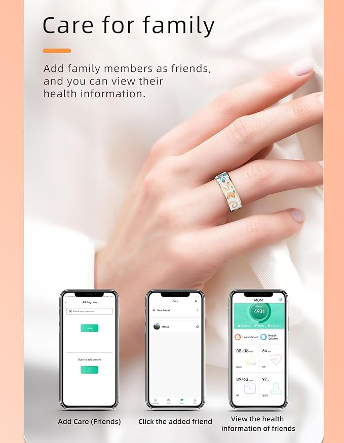 Ladies Smart Ring for Women Health Ring Blood Pressure Heart Rate Monitor Sleep Tracker Fitness Tracker Calories Step Counter Pedometer Gesture Control Waterproof Compatible with iOS Android Phones