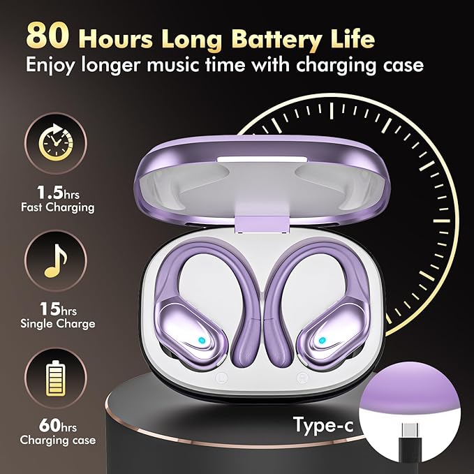 Wireless Earbuds, Sports Bluetooth Headphones, 80Hrs Playtime Ear Buds with LED Power Display, Noise Canceling Headset, IPX7 Waterproof Earphones for Workout/Running (Purple)