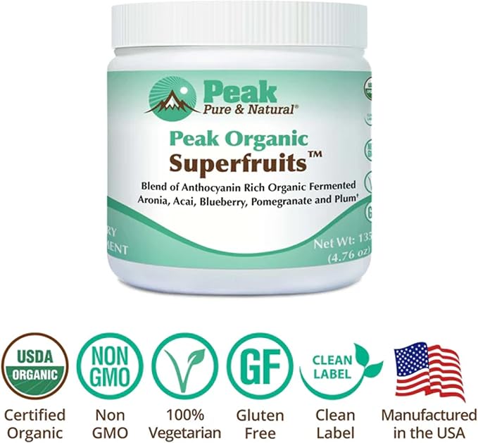 Peak Organic Superfruits - Polyphenol Rich Superfood Powder - Non-GMO Fermented Aronia Berry, Acai, Blueberry, Pomegranate, and Plum - Aging, Metabolic Health, Heart Health (30 Servings)