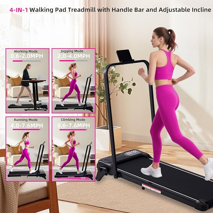 Electric Walking Pad Treadmill with Adjustable Incline and Handle Bar, 3.5HP Small PortableTreadmills for Home Office Small, 4 in 1 Folding Foldable Treadmill with Handles, 0.6-7.6MPH, 350LBS