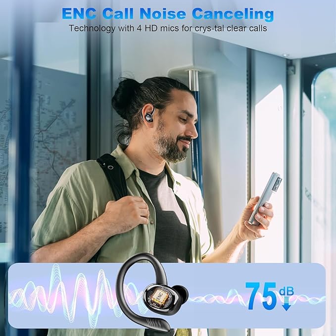 Wireless Earbuds Sport, 2025 Bluetooth 5.4 Headphones with Earhooks, 50H Stereo Deep Bass Over Ear Buds with 4 ENC Noise Canceling Mics, IP7 Waterproof Earphones for Running Workout Gym -Black