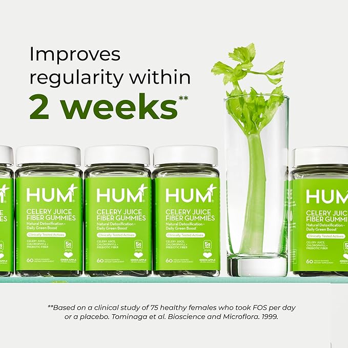 HUM The First Prebiotic Celery Juice Fiber Gummies, Supports Detoxification, A Daily Green Boost Includes Celery Juice, Chlorophyll, Prebiotic Fiber (60-Count)