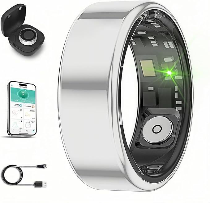 Smart Ring for Men Women with Black Charging Box, Bluetooth, Health Ring , IP68 Waterproof, Fitness Ring Tracks Heart Rate/Sleep/Steps/Sports Activities/Blood Oxygen,non-subscription app (Silver, 10)