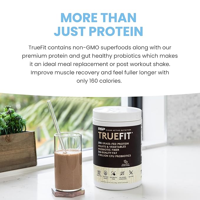 TrueFit Gut Healthy Protein Powder, Grass-Fed Whey Meal Replacement Shake with Prebiotics, Probiotics, & Organic Superfoods, Keto Friendly, Gluten Free